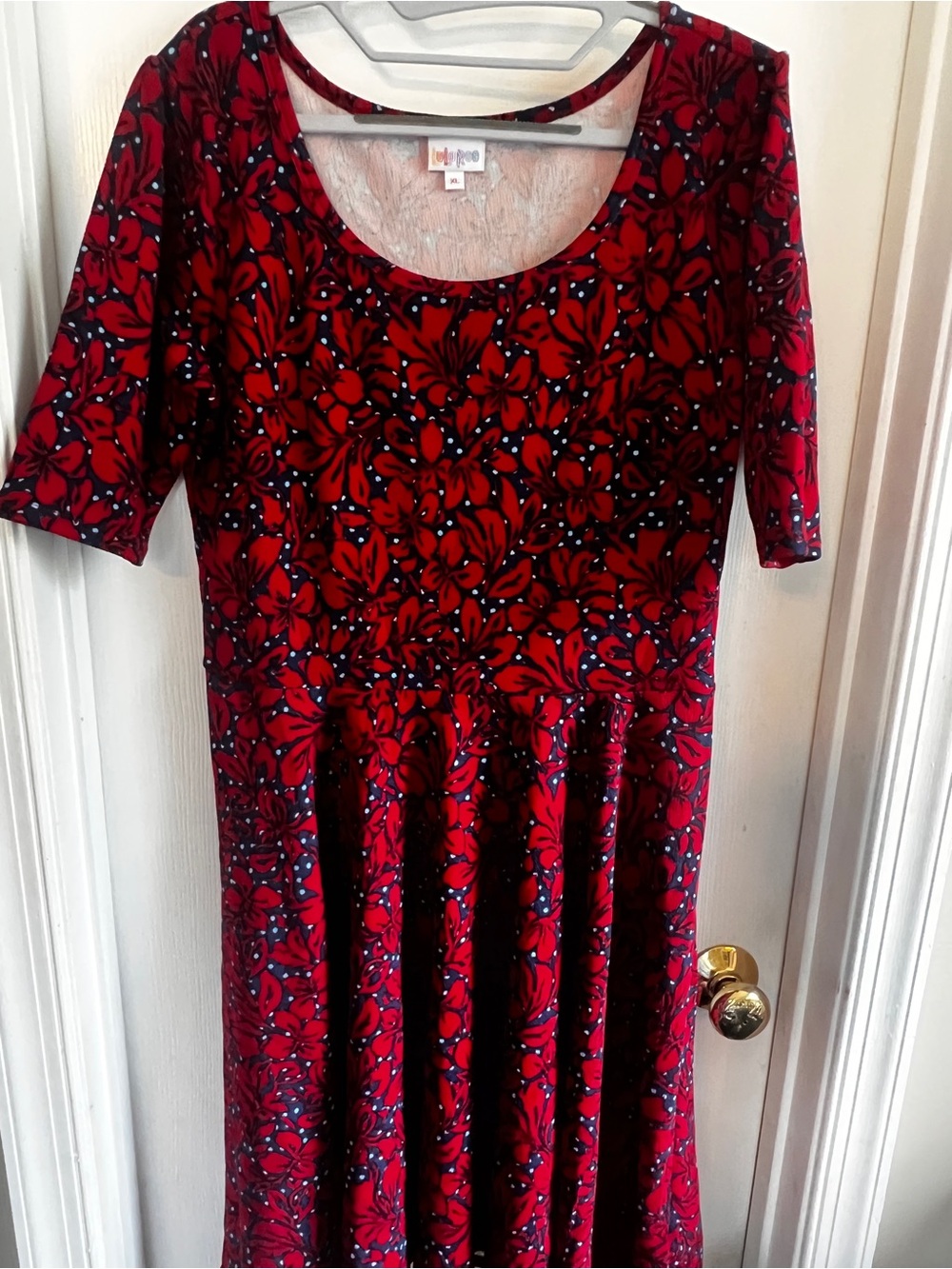LuLaRoe Red & Navy Floral Scoop Midi Nicole Dress